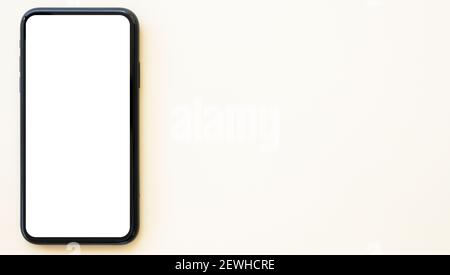 Flat Lay mit Kopierraum, ein Smartphone mit weißem Bildschirm ist auf einem cremefarbenen Hintergrund angeordnet. Konzept der Anzeige von Informationen auf einem Display, berühren Sie Stockfoto