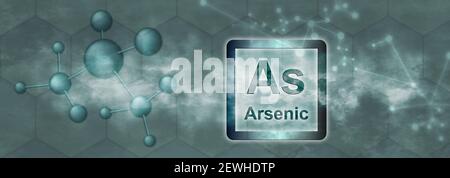 Als Symbol. Arsen-chemisches Element mit Molekül und Netzwerk auf grauem Hintergrund Stockfoto