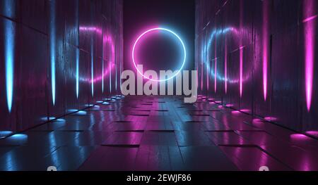 Kreis Neonlichter Grafik leuchtend Violett Blau lebendige virtuelle Sci Fi futuristischen Tunnel Studio Bühne Bau Garage Podium Raumschiff Nacht dunkel C Stockfoto