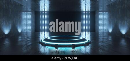 Futuristisches Sci Fi leere Bühne Neon in einem Raum mit Scheinwerfern und reflektierenden Wänden. 3D Rendern Stockfoto