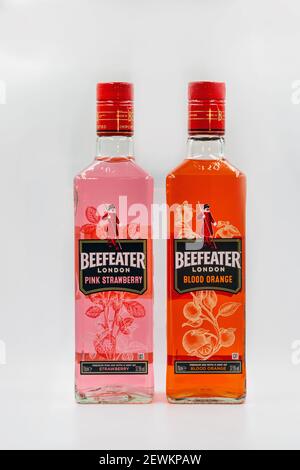 KIEW, UKRAINE - 16. DEZEMBER 2020: Beefeater London Pink Strawberry und Blood Orange Premium Gin Flaschen vor weißem Hintergrund. Gin ist ein di Stockfoto