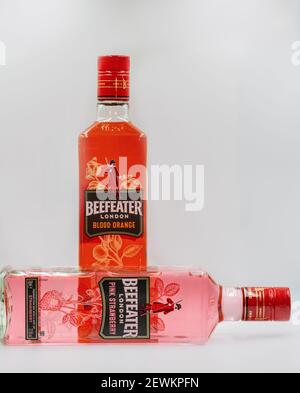 KIEW, UKRAINE - 16. DEZEMBER 2020: Beefeater London Pink Strawberry und Blood Orange Premium Gin Flaschen vor weißem Hintergrund. Gin ist ein di Stockfoto