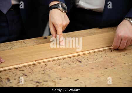 Industrielle Ausrüstung für die Herstellung von Laminat. Produktionslinie der Möbelfabrik. Laminatboden.die Fabrik für die Herstellung von Laminat. Stockfoto