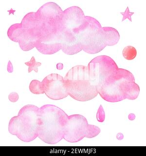 Aquarell rosa Wolken Cliparts. Eine Reihe von Elementen für die Gestaltung der Kinderzimmer für Mädchen Stockfoto