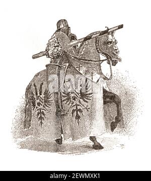 Panzerung Kaiser Maximilians 1st für Speerkämpfe. Mittelalterliche Gravur. Stockfoto