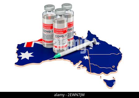 Impfstoff und Spritze mit Australischer Karte. Impfung in Australien Konzept, 3D Rendering isoliert auf weißem Hintergrund Stockfoto