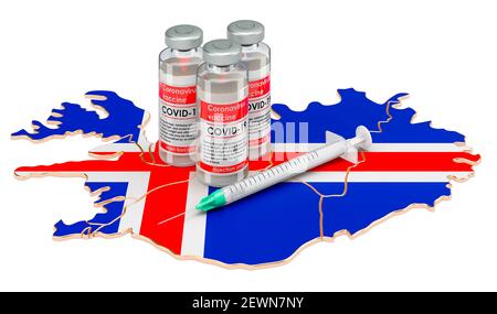 Impfstoff und Spritze mit isländischer Karte. Impfung in Island Konzept, 3D Rendering isoliert auf weißem Hintergrund Stockfoto