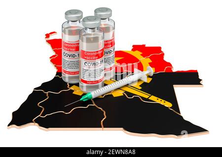 Impfstoff und Spritze mit Angolan MAP. Impfung in Angola Konzept, 3D Rendering isoliert auf weißem Hintergrund Stockfoto