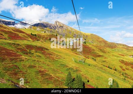 Grindelwald, Schweiz Seilbahnkabinen Jungfrau Top of Europe und grüne Schweizer Alpen Panoramalandschaft Stockfoto