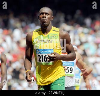 OLYMPISCHE SPIELE PEKING 2008. 10th TAG 18/8/08. 200M HEIZT USAIN BOLT AFTE GEWINNT SEINE HITZE. BILD DAVID ASHDOWN Stockfoto