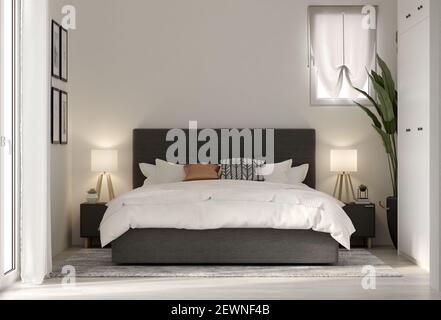 Minimalistisches Interieur des modernen Schlafzimmer 3D-Rendering Stockfoto