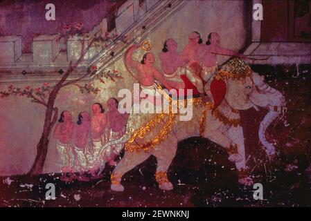 Die acht Brahmanen aus der Stadt Kalinga kehren mit dem weißen Elefanten Wat Suwannaram, Thonburi, Bangkok, Thailand nach Hause zurück Stockfoto