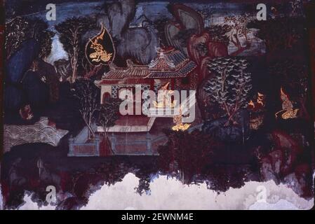 Sakka in der Gestalt von zwei Dschungelkatzen verhindern Maddi, Wat Ban Yikan, Thonburi, Bangkok, Thailand Stockfoto