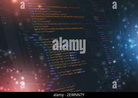 html Front-End Web Entwicklung Programmiersprache für Website-Codierung. Mixed Media Hintergrund Stockfoto