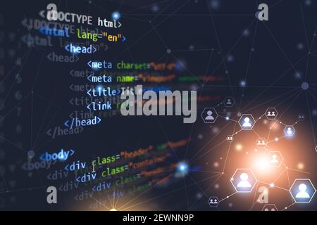 html Programmierung Web Front-End Entwicklung Computer-Codiersprache für Webseite. Mixed Media Hintergrund Stockfoto