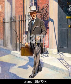 Neville Chamberlain (1869-1940), Premierminister des Vereinigten Königreichs (1937-1940), außerhalb Nummer 10 Downing Street, Porträtgemälde von Samuel Johnson Woolf, 1938 Stockfoto