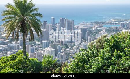 Blick auf die Küstenstadt mit Palmen im Vordergrund und azurblauem Wasser im Hintergrund, aufgenommen auf Aussichtspunkt über Honolulu, Hawaii, USA Stockfoto