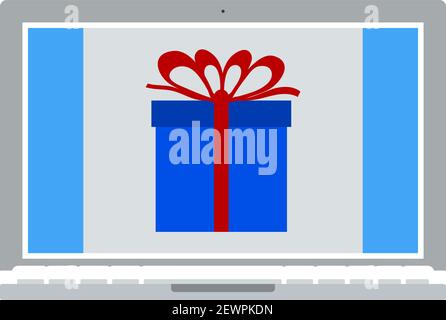Laptop Mit Symbol Für Geschenkbox Auf Dem Bildschirm. Flaches Farbdesign. Vektorgrafik. Stock Vektor