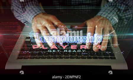 Championship-Konzept, Cyber-Sport spielen, esport Gaming-Turnier und Videospiel. Futuristisches Konzept 3D Rendering Illustration. Stockfoto