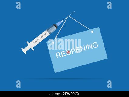 Wiedereröffnung Banner nach der Impfung für Coronavirus Ausbruch. Illustration des Covid-19-Impfstoffes in Spritze und Wiedereröffnung des Textbanners zum Aufhängen. Stock Vektor
