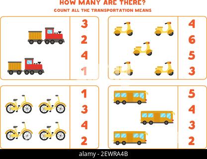 Zählen Sie alle Transportmittel und kreisen Sie die richtige Antwort ein. Mathe-Spiel. Stock Vektor