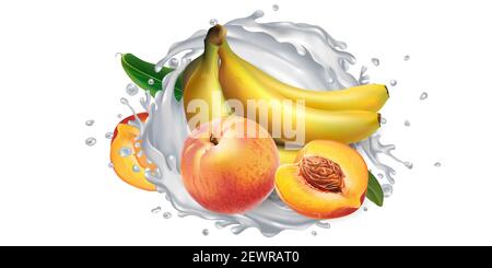 Bananen und Pfirsiche in einem Milch- oder Joghurt-Spritzer. Stockfoto