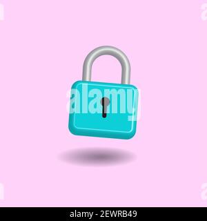 Minimalistisches türkisfarbenes Vorhängeschloss auf pastellfarbenem Hintergrund isoliert. Creative 3D Vektorgrafik Stock Vektor