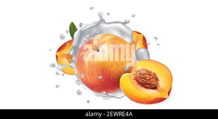 Pfirsiche in Spritzern Joghurt oder Milch. Stockfoto