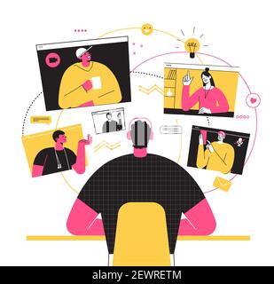 Vektorgrafik, Online-Arbeit von zu Hause aus, Remote-Arbeit, Selbstisolierung. Freiberufliche Arbeit und Durchführung einer Videokonferenz mit Mitarbeitern von zu Hause aus Stock Vektor