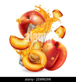 Frische Pfirsiche und spritzender Saft in einem Glas. Stockfoto