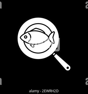 Fisch auf Bratpfanne dunkles Glyphen-Symbol Stock Vektor