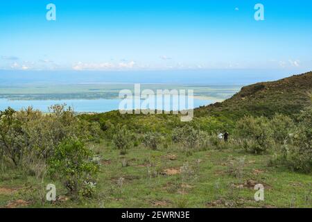 Landschaftlich schöner Blick auf den Elementaita See gegen Berge in Naivasha, Kenia Stockfoto