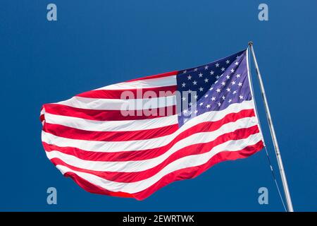 Riesige US-Flagge unter einem tiefblauen Himmel über Truman Avenue, Altstadt, Key West, Florida Keys, Florida, Vereinigte Staaten von Amerika, Nordamerika Stockfoto