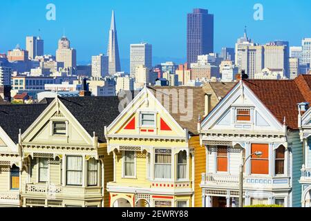 Die Painted Ladies, Alamo Square, San Francisco, Kalifornien, Vereinigte Staaten von Amerika, Nordamerika Stockfoto