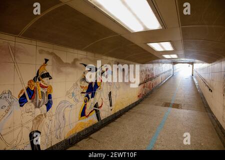 Wandgemälde mit der Schlacht von Waterloo am U-Bahneingang zum Hyde Park Corner Underground vom Freeform Arts Trust, 1995 Stockfoto