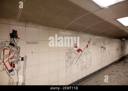 Wandgemälde mit der Schlacht von Waterloo am U-Bahneingang zum Hyde Park Corner Underground vom Freeform Arts Trust, 1995 Stockfoto