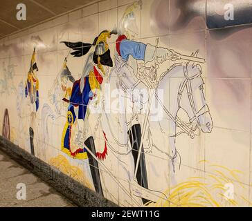 Wandgemälde mit der Schlacht von Waterloo am U-Bahneingang zum Hyde Park Corner Underground vom Freeform Arts Trust, 1995 Stockfoto