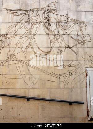 Wandgemälde mit der Schlacht von Waterloo am U-Bahneingang zum Hyde Park Corner Underground vom Freeform Arts Trust, 1995 Stockfoto