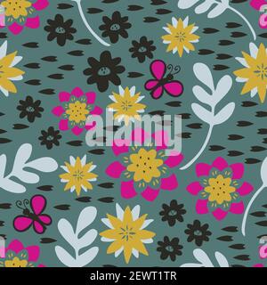 Nahtlose Vektor-Muster mit Blumen auf hellblauem Hintergrund. Schlichtes florales Tapetendesign. Eleganz Mode Textil. Stock Vektor