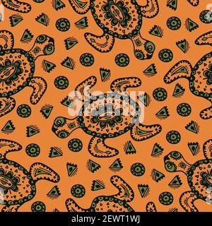 Nahtloses Vektor-Muster mit Schildkröten auf orangefarbenem Hintergrund. Afrikanisches Tribal Schildkröte Tapetendesign. Ethnische Mode Textil. Stock Vektor