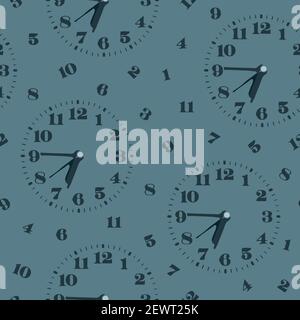 Nahtlose Vektor-Muster mit Uhr auf blauem Hintergrund. Anzahl, Zeit halten Uhr Tapete Design. Stock Vektor
