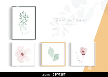 Minimalistischer Stil dekorative Kunst Bild mit Blumen und Blätter Aquarell von Hand bemalt. Abstrakte Vektor-Elemente dekorative Gestaltung von Postkarten, prin Stock Vektor