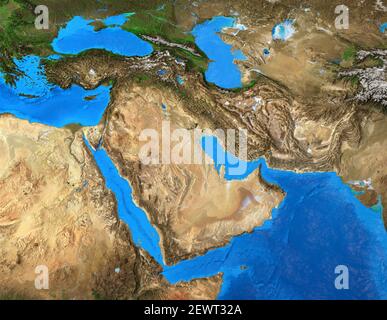 Physische Karte des Nahen Ostens. Geographie der Arabischen Halbinsel. Detaillierte flache Ansicht des Planeten Erde und seiner Landformen - Elemente von NASA eingerichtet Stockfoto