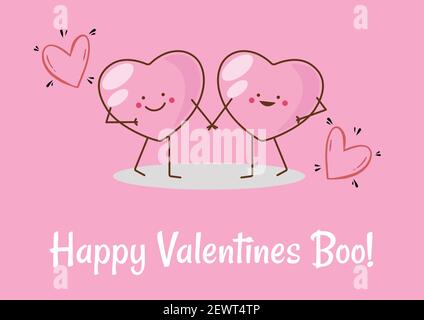 Happy valentines boo Text mit zwei Herzen halten Hände auf Rosa Hintergrund Stockfoto