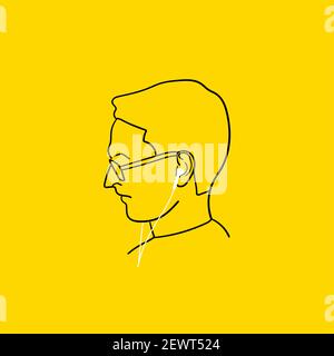 Mann hört Musik über Kopfhörer. Musiktherapie. Linienkunst. Stock Vektor