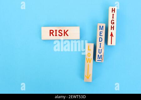 Die Wörter Risiko, mittel, hoch und niedrig, die auf Holzblöcken mit einem stickman, der geht, geschrieben sind, schleppen die Risikozone. Risikoanalyse, Analyse oder Risikoeinnahme c Stockfoto