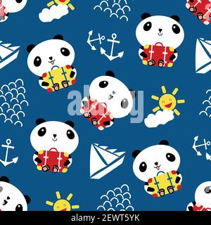 Süßer Kawaii Panda mit Koffern, Ankern, Booten, Wellen. Nahtloser Hintergrund für Vektormuster. Cartoon Bären halten Reisegepäck mit Segelwerkzeugen Stock Vektor