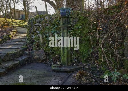 Dekorative Steinsäule mit dem eingetopften Periwinkle freut sich auf Feder Stockfoto