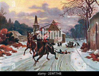 Eine Vintage-Illustration der deutschen Kavallerietruppen, die von französischen Soldaten während des französisch-preußischen Krieges von 1870 überfallen wurden. Ein Konflikt zwischen dem Zweiten Französischen Reich und den deutschen Staaten der Norddeutschen Eidgenossenschaft unter Führung des Königreichs Preußen dauerte es vom 19. Juli 1870 bis zum 28. Januar 1871 Stockfoto