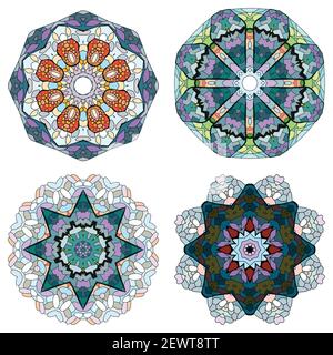 Handgemaltes Kunstdesign. Farbe handgezeichnete Illustration Set von 4 Mandalas für die Dekoration Stock Vektor